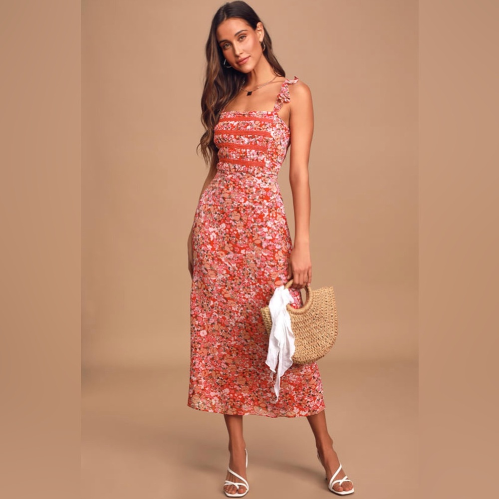 Red Multi Floral Print Ruffled Midi Dress NWOT